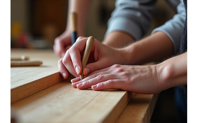 Artisan's hands working on a wooden surface in a workshop, focusing on detail